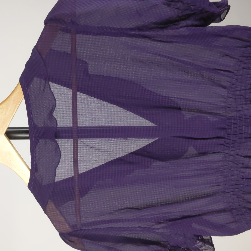 Basque Blouse Size 14 Purple Sheer Ruffle Short Sleeve Button-up Check Elastic - Picture 9 of 13